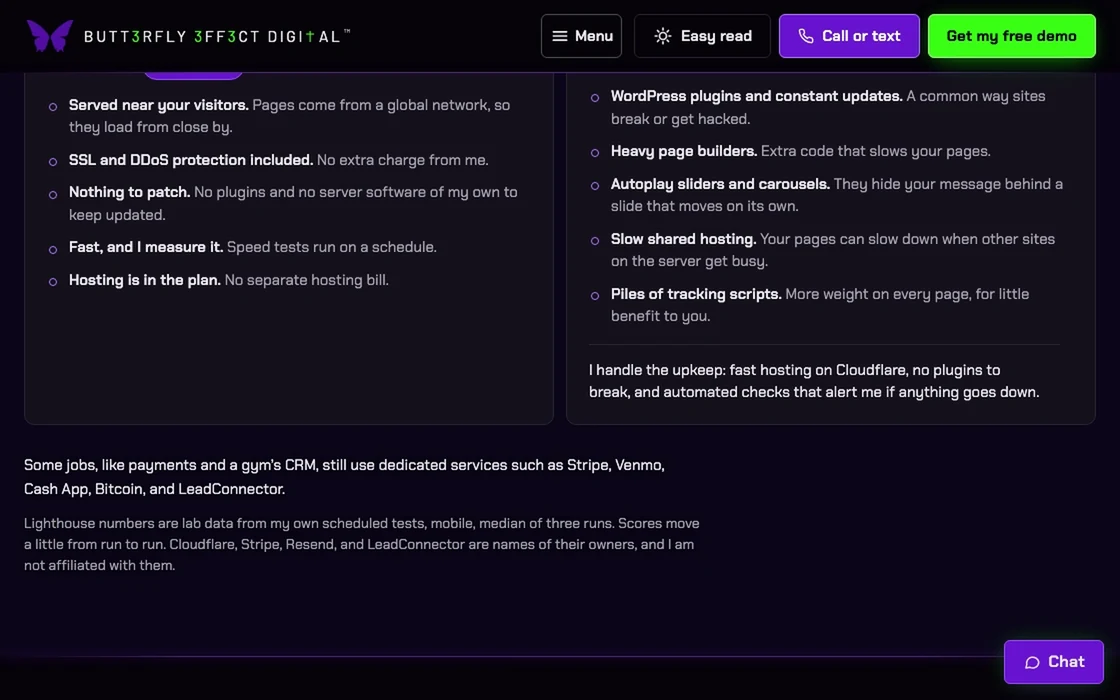 butterflyeffect.digital on a desktop browser: the hero, then how it works, then what it costs