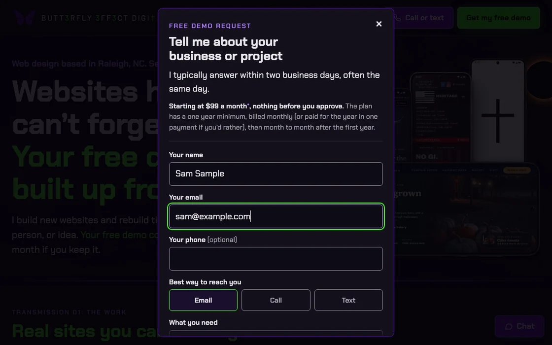 The free demo request on a desktop browser: it opens, a sample name and email are typed in, Text is picked, and it is closed unsent