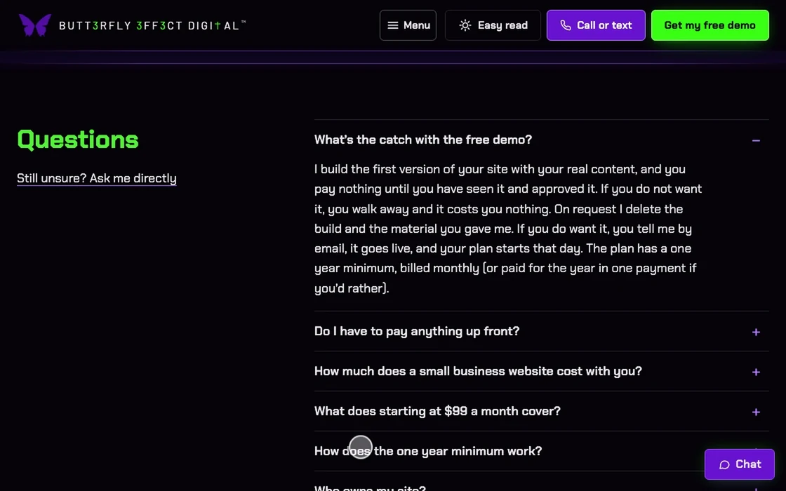 The questions section on a desktop browser: the answer about what starting at $99 a month covers opens, then another, and both close