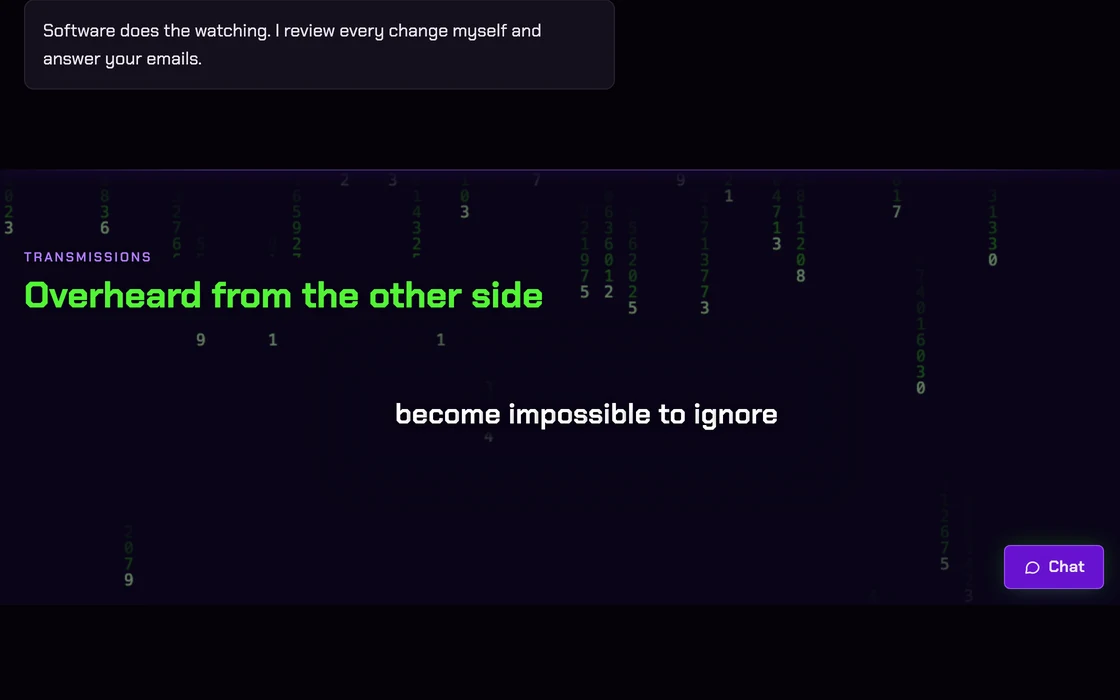 The stack section on a desktop browser with soft green digital rain, then a quote decoding out of the rain