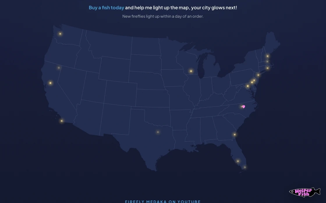 Firefly Medaka’s map of the United States on a desktop browser: a glow for each city its fish have reached, pulsing softly