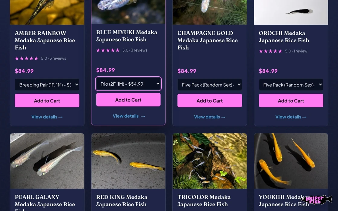 Firefly Medaka’s fish lines on a desktop browser: the variety grid, then pack sizes are changed