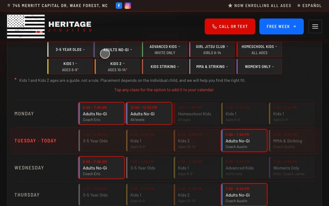 Heritage Jiu Jitsu’s weekly class schedule on a desktop browser: the cursor taps Adults No-Gi and matching classes light up while the rest fade, then Kids 1, then the filter clears