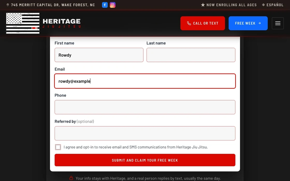 Heritage Jiu Jitsu’s free-week signup form on a desktop browser: a first name and email are typed in and the consent box is ticked