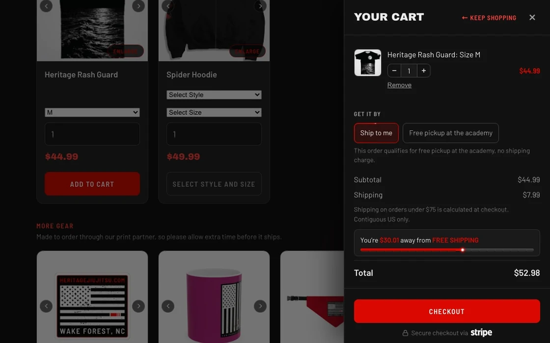 Heritage Jiu Jitsu’s gear store on a desktop browser: a size is picked on a rash guard and it is added to the cart