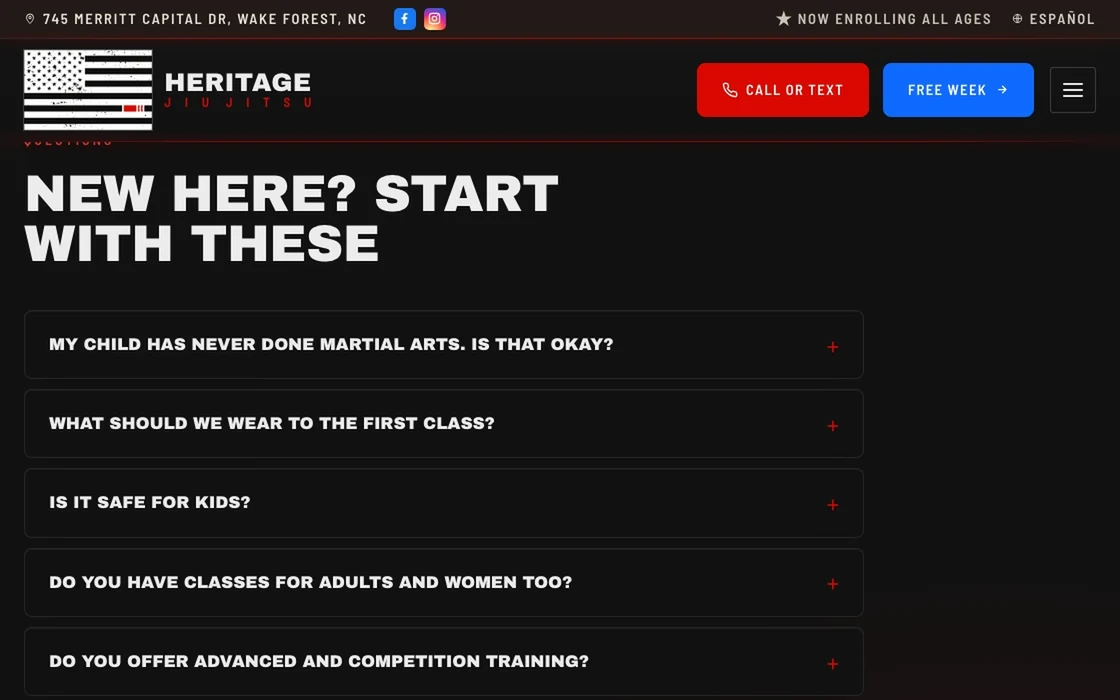 Heritage Jiu Jitsu’s questions on a desktop browser: two answers open under their questions and then close