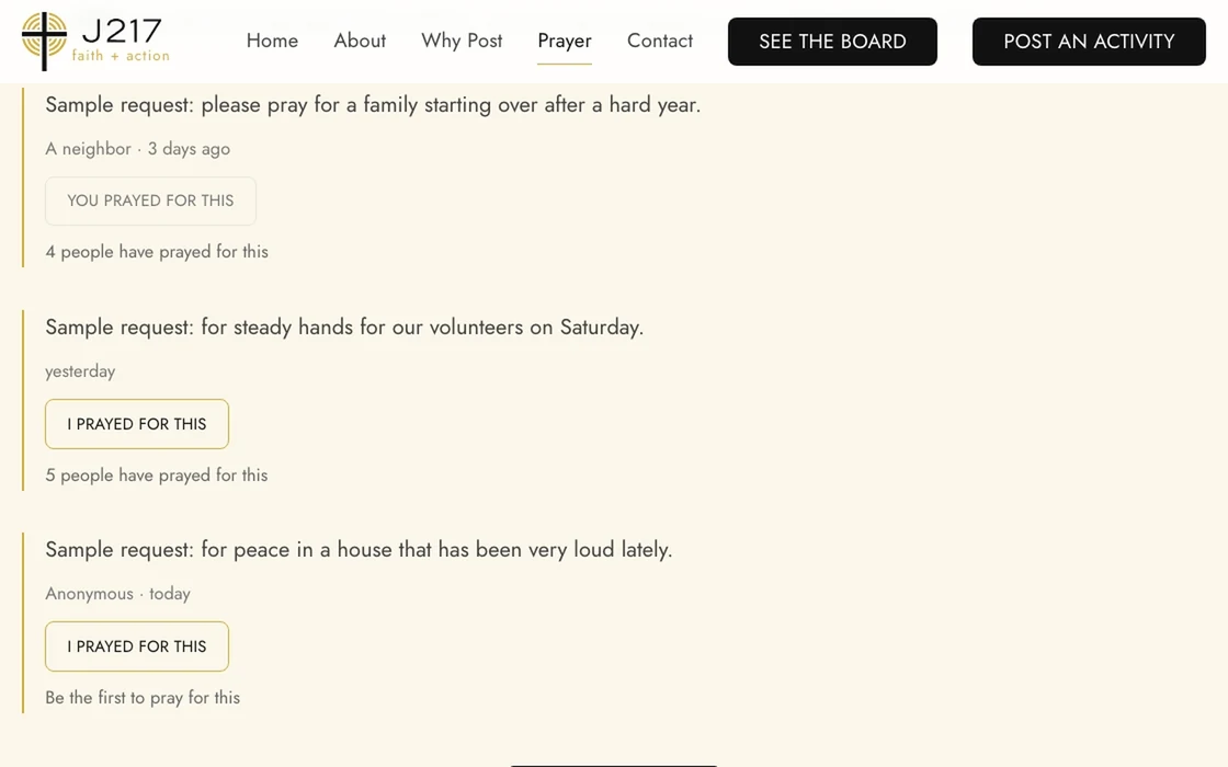 J217’s prayer board on a desktop browser with labeled sample requests: the first one is prayed for and its count goes up