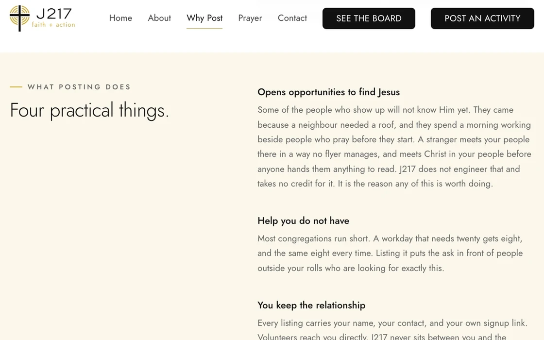 J217’s page for churches on a desktop browser, scrolling through what a church gets