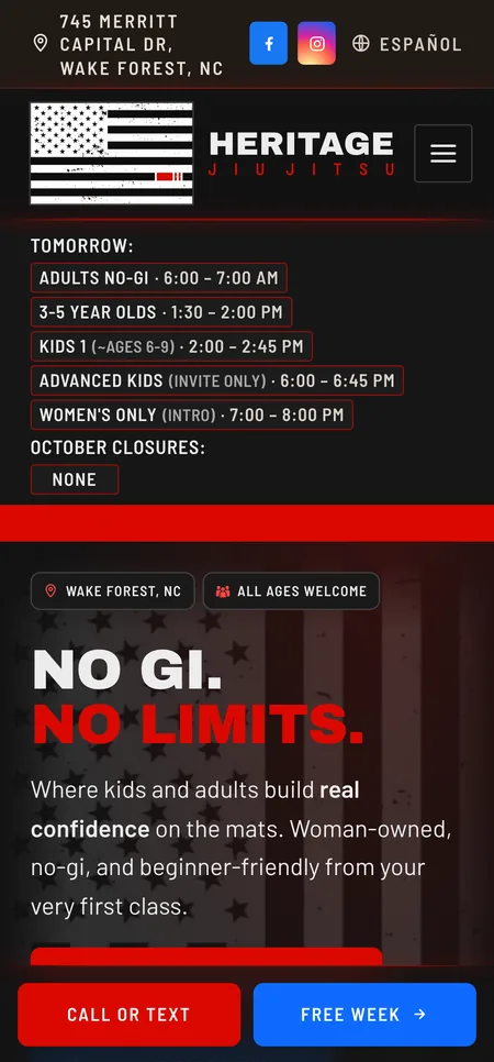 Phone screenshot of the Heritage Jiu Jitsu website
