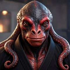 Octavio, an octopus-headed alien in a jiu jitsu gi, the character for the AI assistant that helps look after the Heritage Jiu Jitsu site