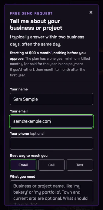 The same free demo request on a phone: it opens, a sample name and email are typed, Text is picked, and it is closed unsent