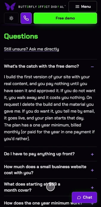 The same questions section on a phone: two answers open and then close