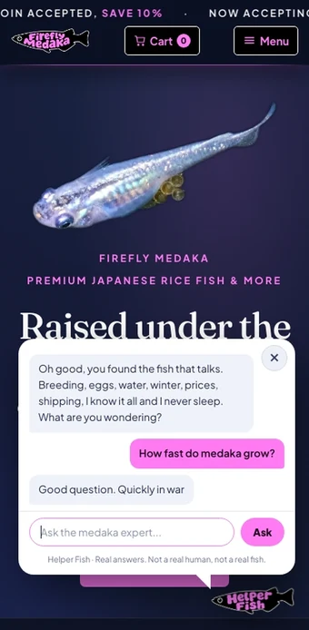 The same Firefly Medaka home page on a phone: Helper Fish opens and answers a typed question