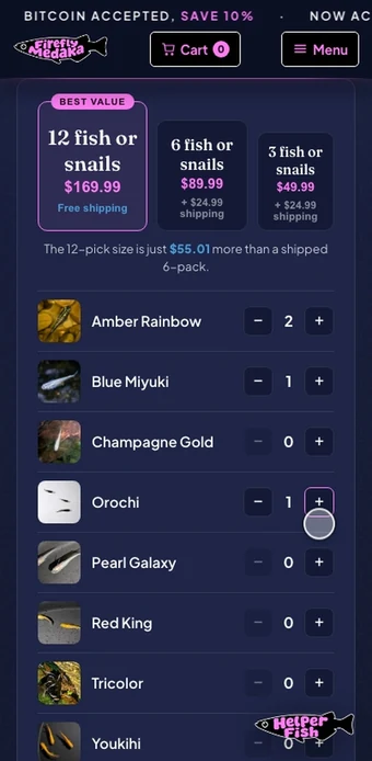The same Create Your Own page on a phone: fish are added one by one and the count climbs