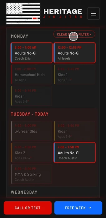 The same class schedule on a phone: Adults No-Gi is tapped, then Kids 1, then the filter clears