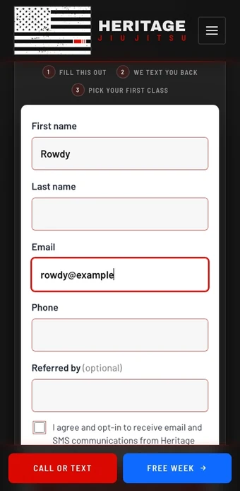 The same free-week form on a phone: a first name and email are typed in and the consent box is ticked