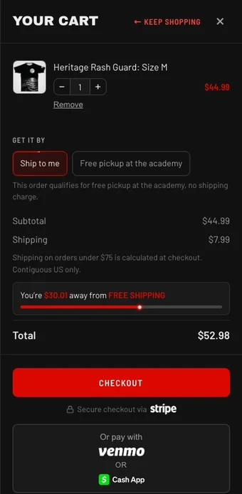 The same gear store on a phone: a size is picked and the item is added to the cart