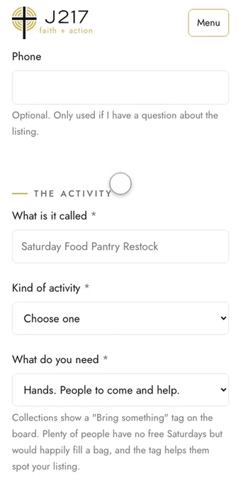 The same J217 form on a phone: a church name and activity title are typed