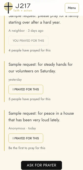 The same J217 prayer board on a phone: the first request is prayed for and its count goes up