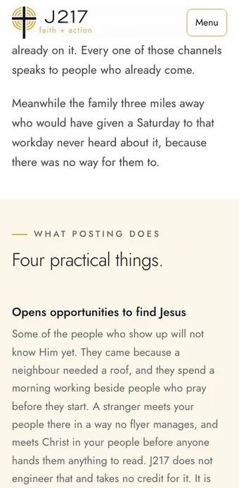 The same J217 page for churches on a phone, scrolling