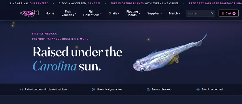 The Firefly Medaka homepage: a dark blue shop page headed Raised under the Carolina sun.