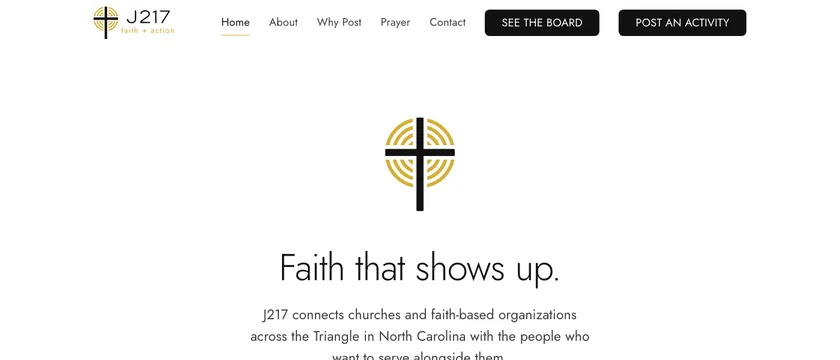 The J217 homepage: a white page with a gold and black cross, headed Faith that shows up.