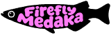 A low-resolution demonstration made from the Firefly Medaka logo, scaled up: the black fish, white outline, and pink lettering show jagged, stepped edges